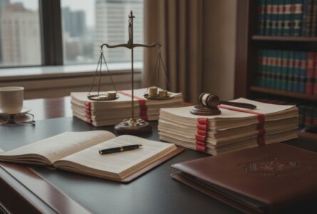 A judge’s desk with law books, documents, scales, gavel—choose injury lawyer professionalism.