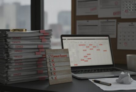 Stack of denied documents, a laptop with deny injury claims alerts, a mug, and a note board.