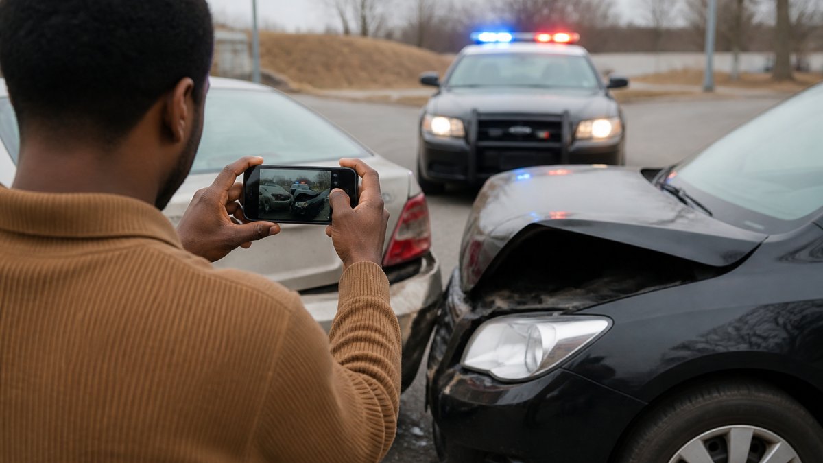 Person photographing damaged vehicles after a crash involving an unlicensed driver car insurance claim case.