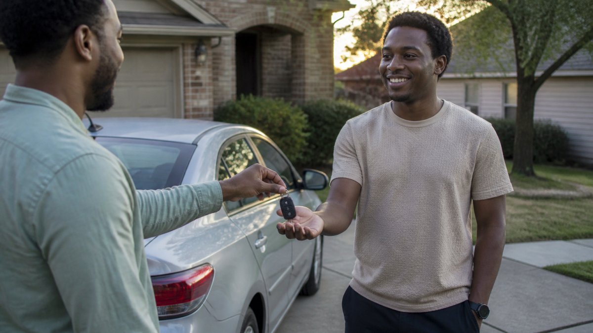 A person handing car keys to a friend in a driveway, a scene relevant to permissive use car insurance.