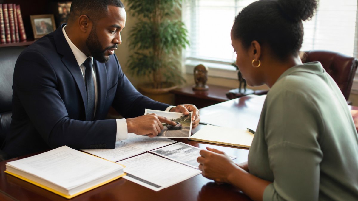 Attorney and client reviewing injury documents to determine comparative negligence in Georgia at a law office.