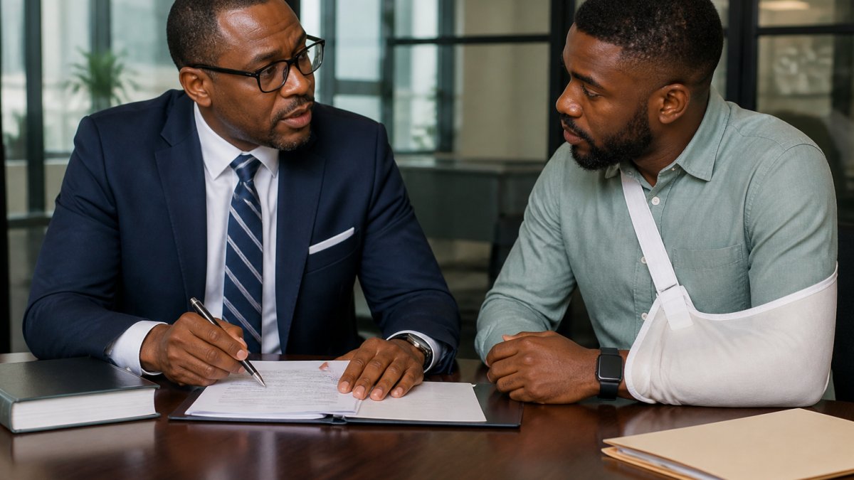Attorney and client reviewing legal documents during the personal injury lawsuit process at a law office table