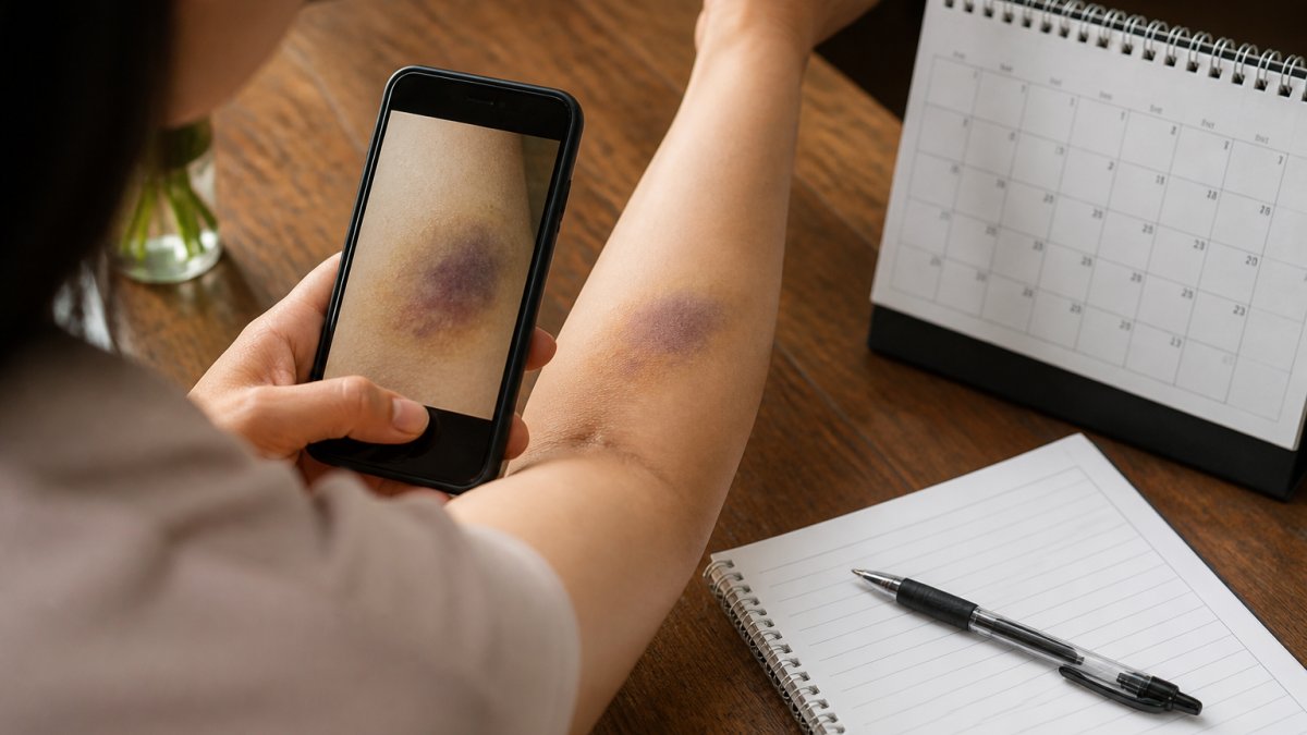Step-by-step guide to photograph and document injuries using a smartphone and notepad for legal evidence.