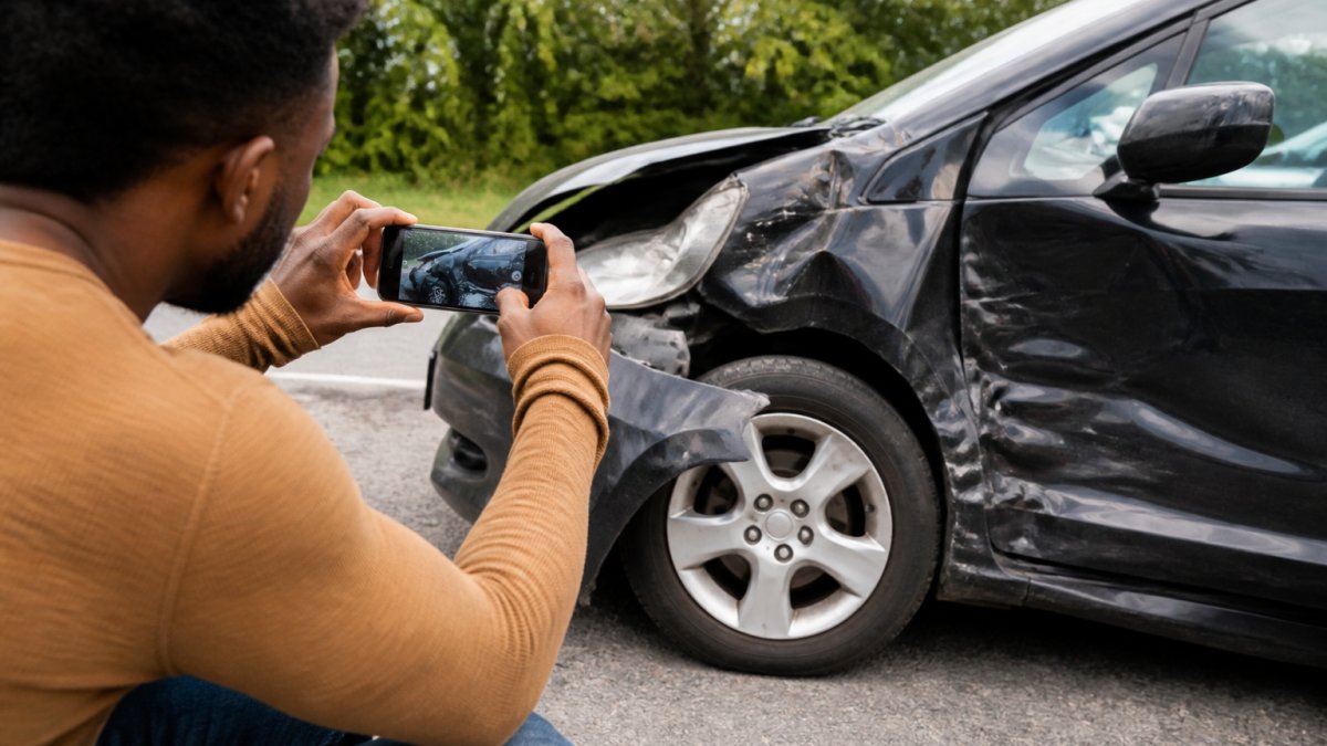 Infographic showing how to file a personal injury claim in Georgia by documenting vehicle damage at a crash scene.