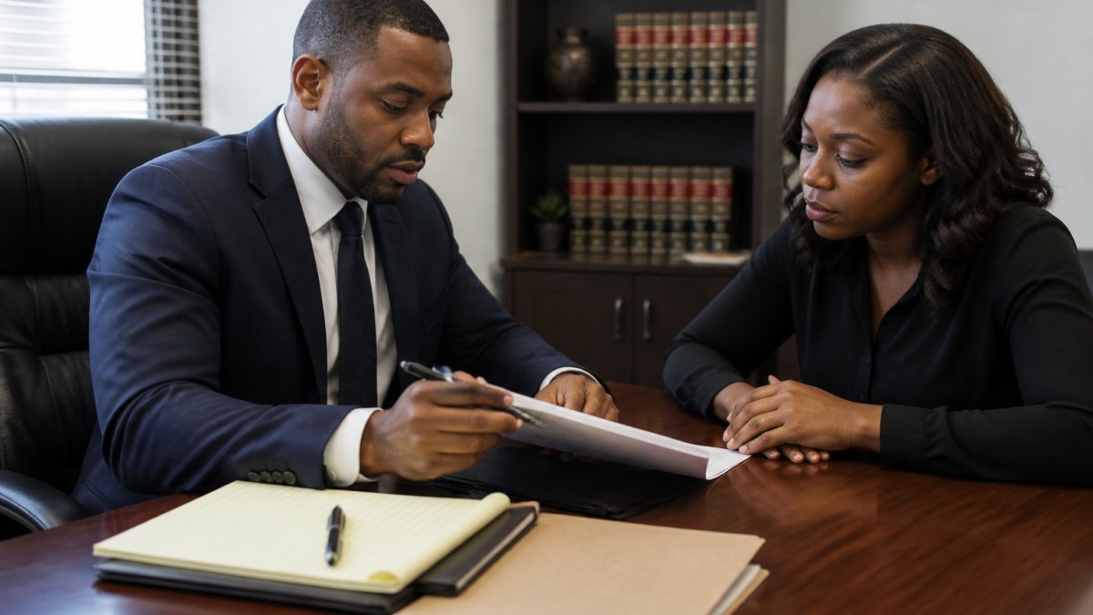 An affordable lawyer reviews legal documents with a client at a desk