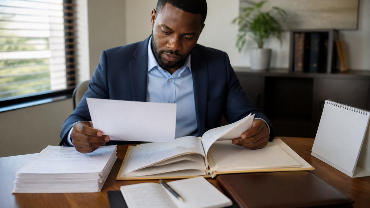 Professional organizing folders and legal documents on a desk to show how to prepare for a legal consultation.