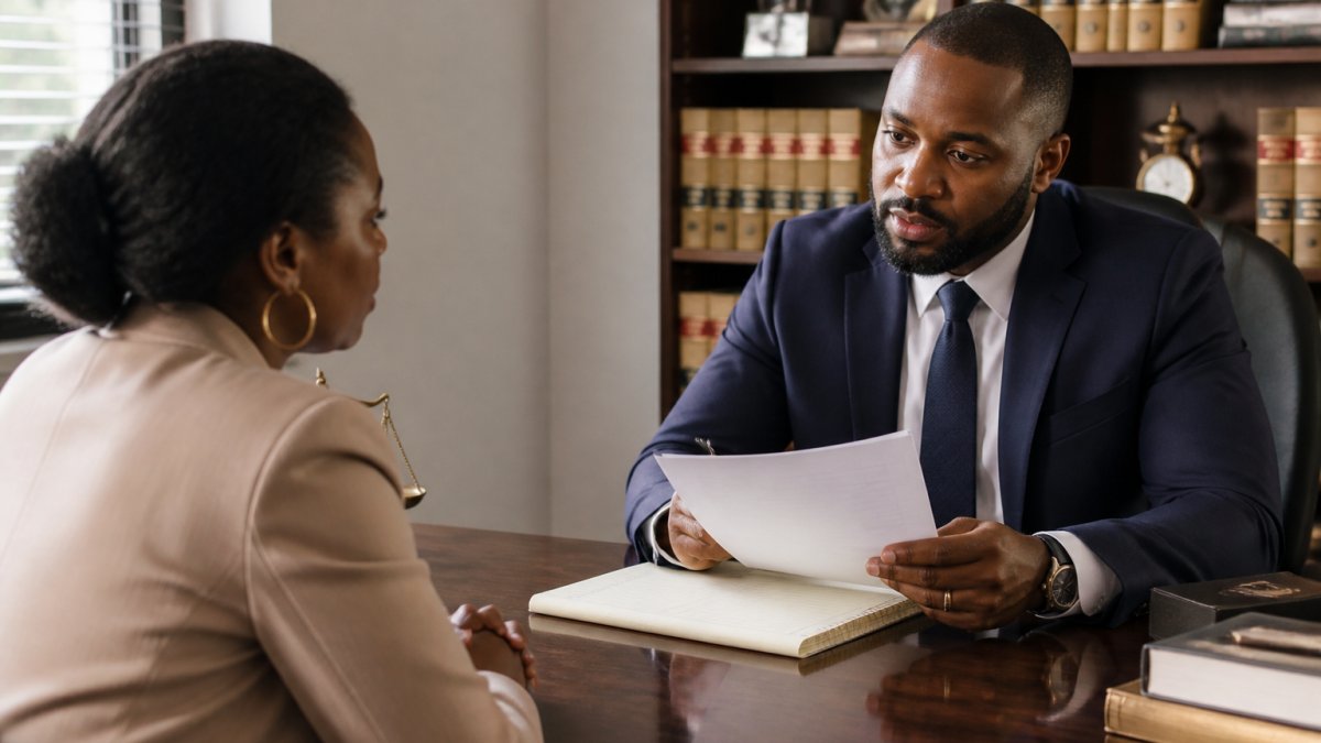 Attorney in a modern office reviewing documents with a client during a free legal consultation.