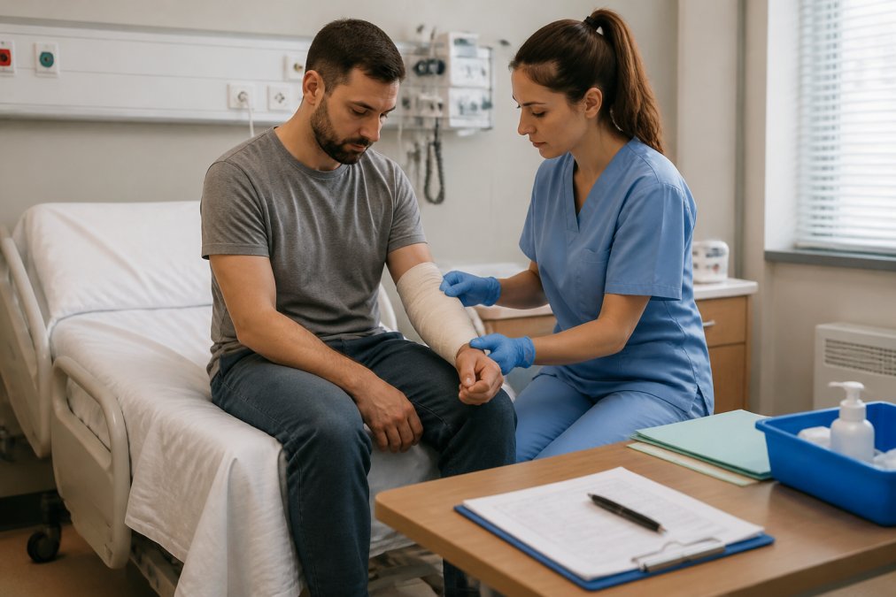 A person sitting on the edge of a hospital bed while a nurse checks their bandaged arm, with a clipboard and medical chart visible on a nearby table in a bright clinical setting