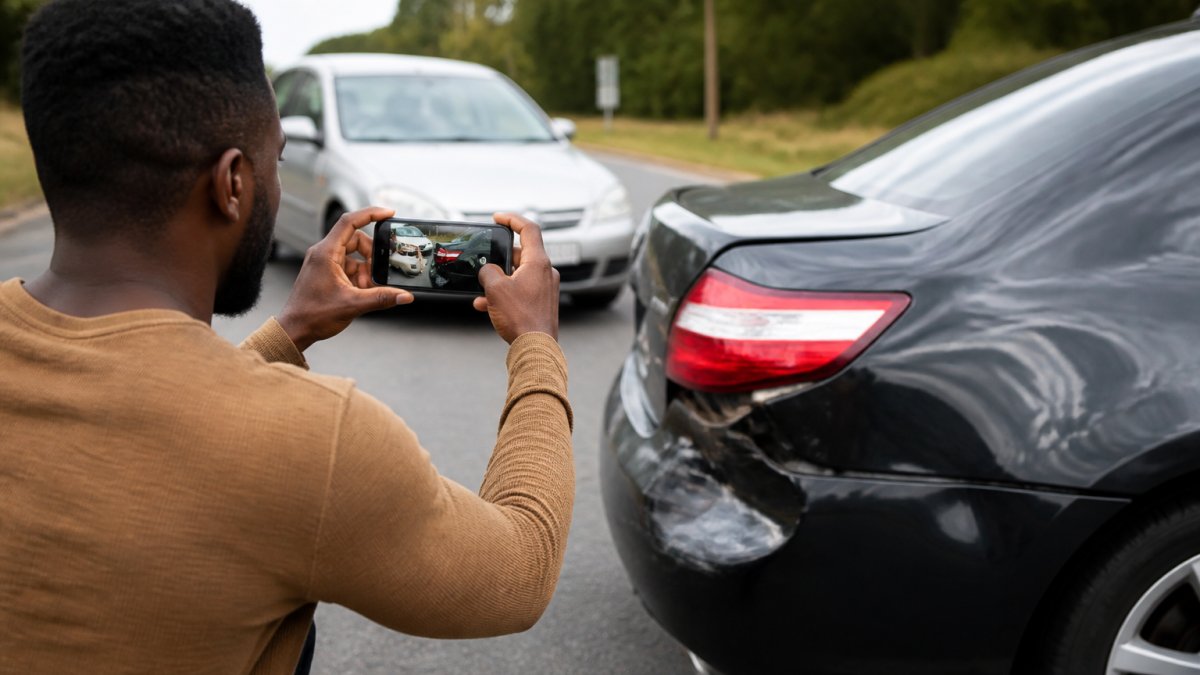 Driver using a smartphone to photograph rear end collision damage on a bumper at the accident scene