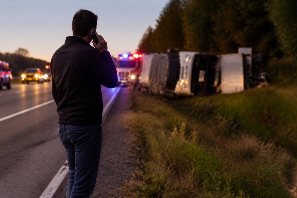 Person using a phone on a highway shoulder near a tractor trailer accident at dusk with emergency lights flashing
