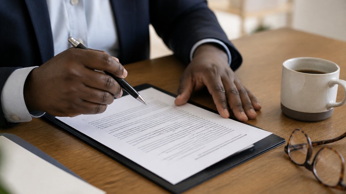 Person reviewing a document about legal fee structures with a pen, glasses, and coffee on a desk.