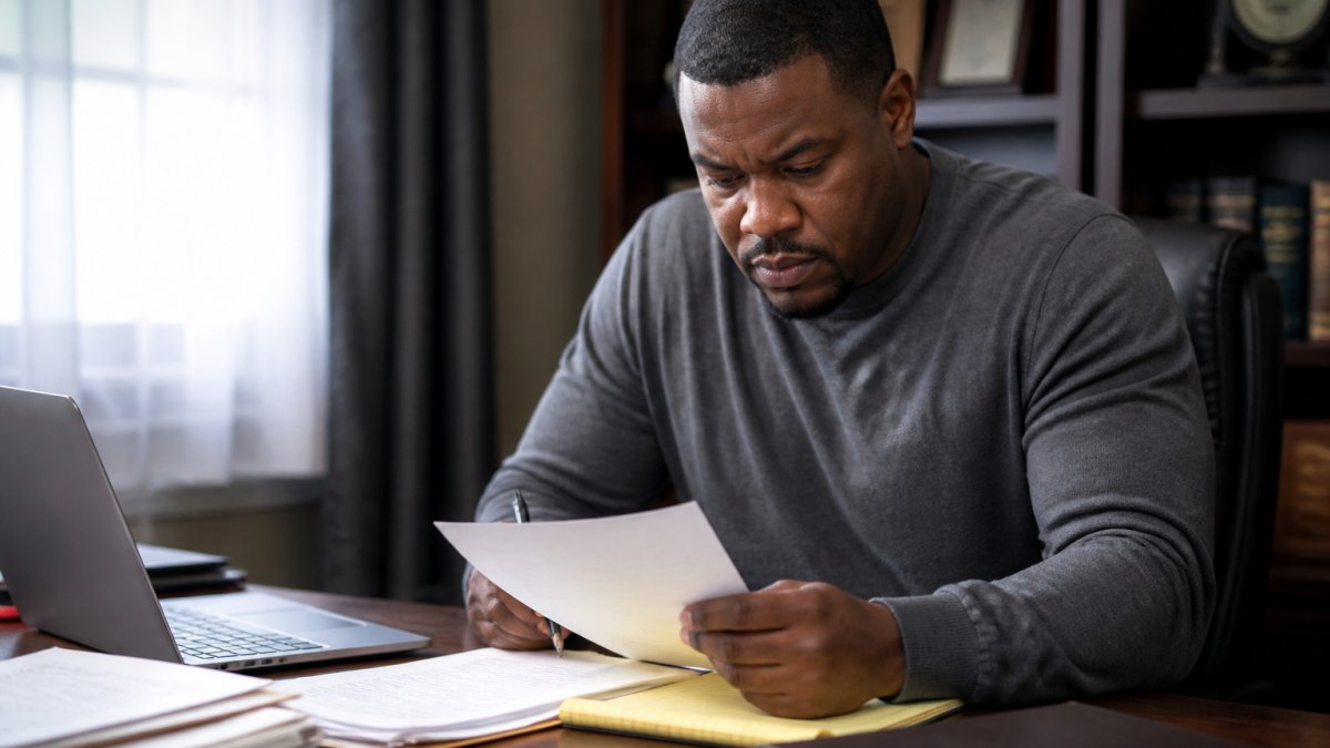 Person reviewing legal documents and court papers while preparing to represent yourself in court at a desk.